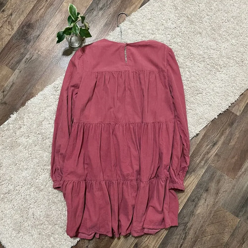 Altar'd State Size Medium Pink Corduroy Long Sleeve Tiered Keyhole Mini Dress